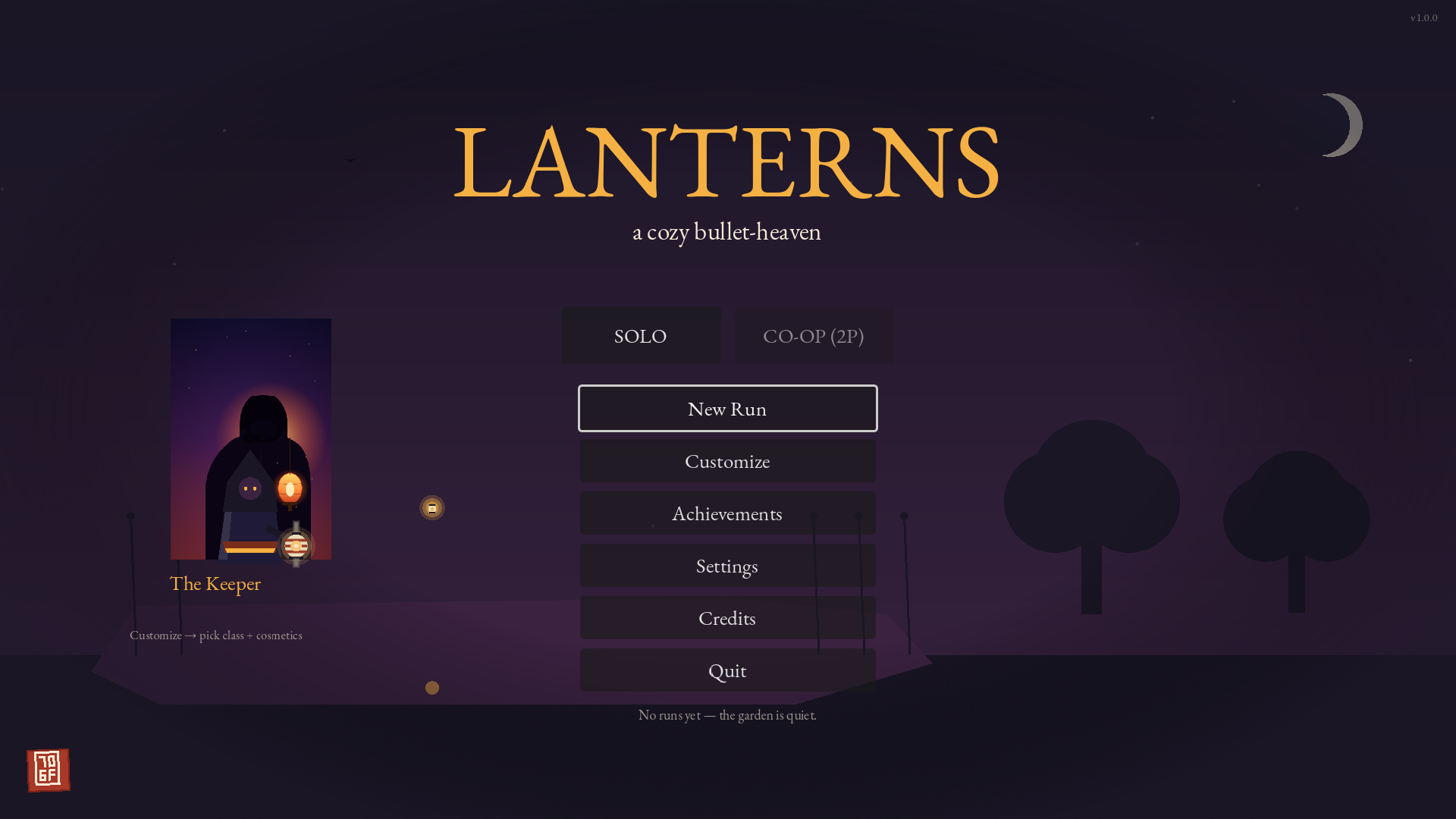 Lanterns title screen with keeper portrait and main menu